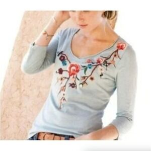 Garnet Hill Sz L Blue Floral Embroidered Top Cotton Modal Boho Cottagecore Artsy